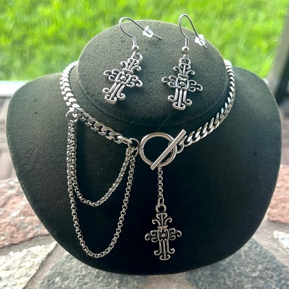 Cuban chain stainless steel with dangly cross gothic charm choker necklace set - Picture 9 of 12